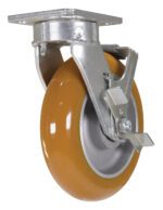 The Vestil 8X2 Kingpinless Caster with Ultra Wheel is an orange caster featuring a metal frame, locking mechanism, and metal plate. It provides smooth swivel action for versatile applications.