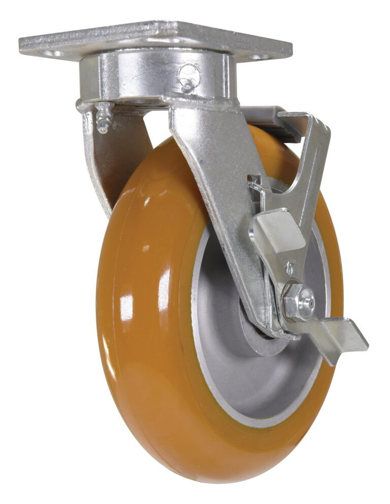 CST-JKING-8X2UL-SWB_A.jpg The Vestil 8X2 Kingpinless Caster with Ultra Wheel is an orange caster featuring a metal frame, locking mechanism, and metal plate. It provides smooth swivel action for versatile applications.