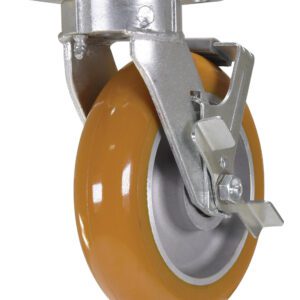 The Vestil 8X2 Kingpinless Caster with Ultra Wheel is an orange caster featuring a metal frame, locking mechanism, and metal plate. It provides smooth swivel action for versatile applications.