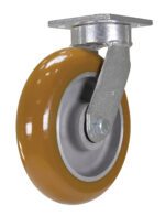 The Vestil 8X2 Kingpinless Swivel Caster W/Ultra Wheel boasts a vibrant orange rubber surface and durable metal mounting plate, ideal for enhancing mobility and ensuring smooth, reliable movement for various objects.