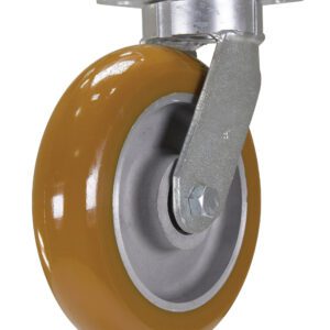 The Vestil 8X2 Kingpinless Swivel Caster W/Ultra Wheel boasts a vibrant orange rubber surface and durable metal mounting plate, ideal for enhancing mobility and ensuring smooth, reliable movement for various objects.