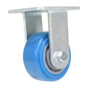 A blue rubber wheel from the Vestil 4X2 Polyurethane Rigid Caster is mounted on a metal bracket with a bolted axis, ensuring smooth and effortless movement.