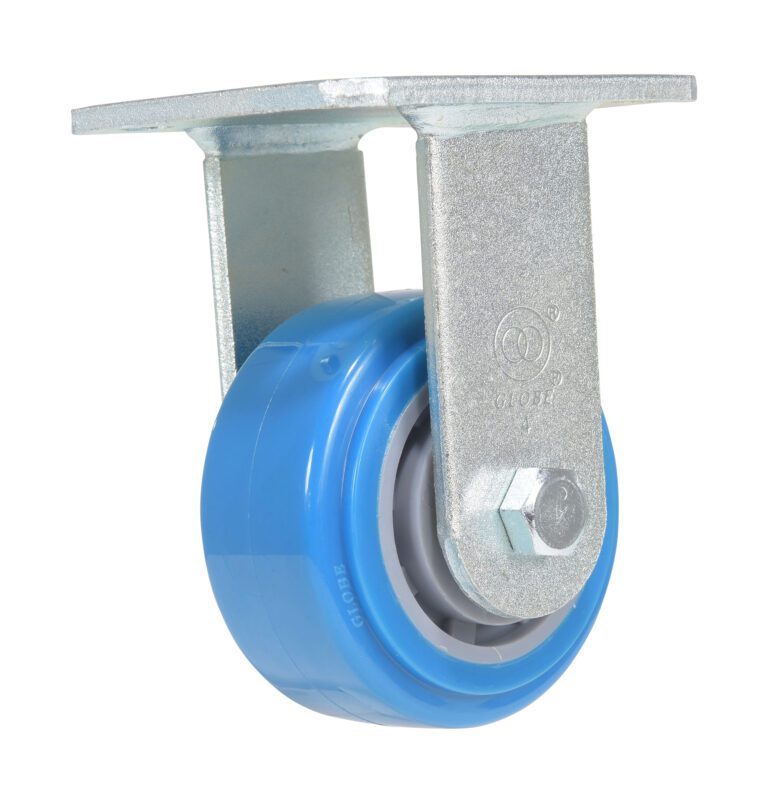 CST-KB-4X2PUP-R_A.jpg A blue rubber wheel from the Vestil 4X2 Polyurethane Rigid Caster is mounted on a metal bracket with a bolted axis, ensuring smooth and effortless movement.