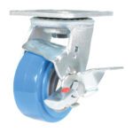 The Vestil 4X2 Polyurethane Swivel Caster W/Brake has a blue wheel and sturdy gray metal frame, offering secure mobility with its ON labeled brake. Designed for smooth support and effortless movement.
