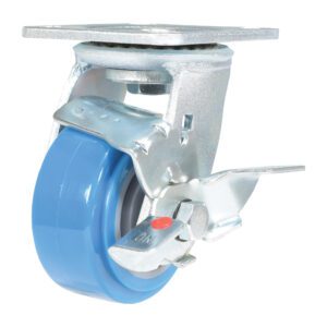 The Vestil 4X2 Polyurethane Swivel Caster W/Brake has a blue wheel and sturdy gray metal frame, offering secure mobility with its ON labeled brake. Designed for smooth support and effortless movement.