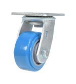 The Vestil 4X2 Polyurethane Swivel Caster features a blue wheel, a sleek metal bracket, and a shiny mounting plate, making it ideal for improving furniture or equipment mobility.