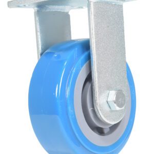 A blue and gray Vestil 5X2 Polyurethane Rigid Caster wheel expertly attached to a metal mounting plate with holes for secure surface attachment, designed for seamless mobility.