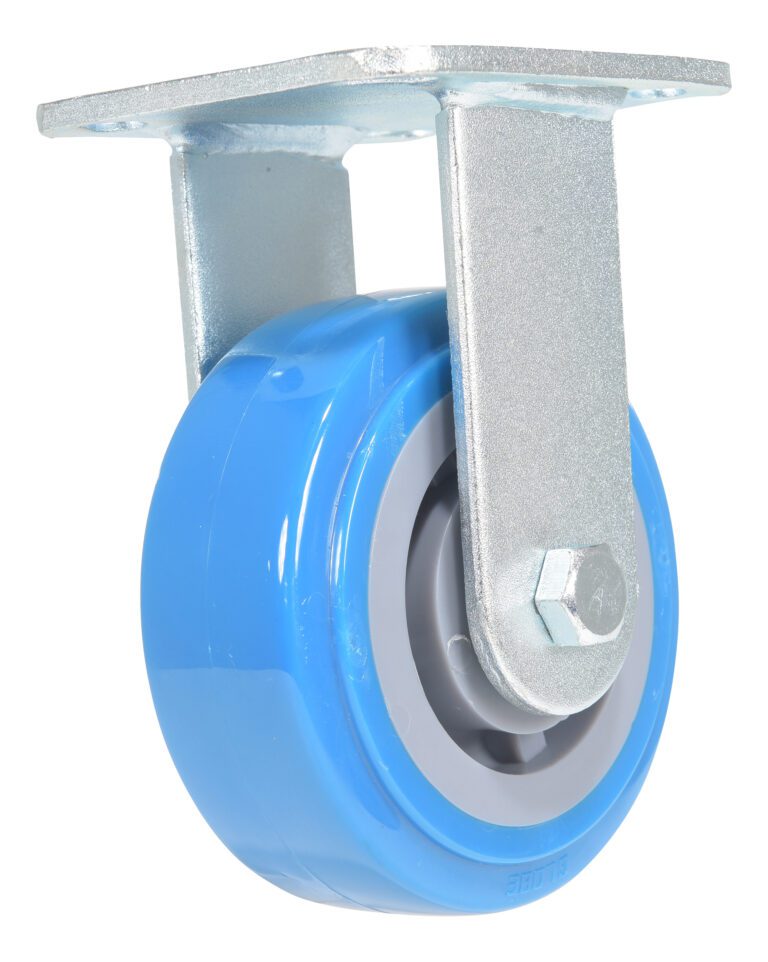 CST-KB-5X2PUP-R_A.jpg A blue and gray Vestil 5X2 Polyurethane Rigid Caster wheel expertly attached to a metal mounting plate with holes for secure surface attachment, designed for seamless mobility.
