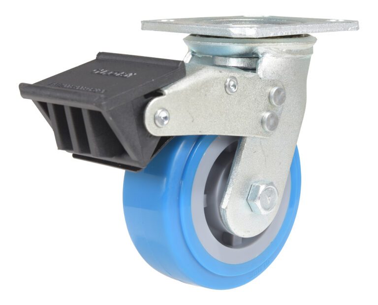 The Vestil 5X2 Polyurethane Swivel Caster W/Total Brake has a blue wheel, metal mounting plate, and a black foot-operated brake for secure locking.