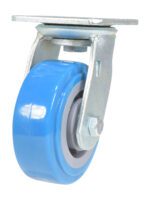 Close-up of a Vestil 5X2 Polyurethane Swivel Caster showcasing a blue exterior, gray inner circle, and sturdy silver mounting plate. Designed for optimal mobility and support, it enables smooth movement across diverse surfaces.