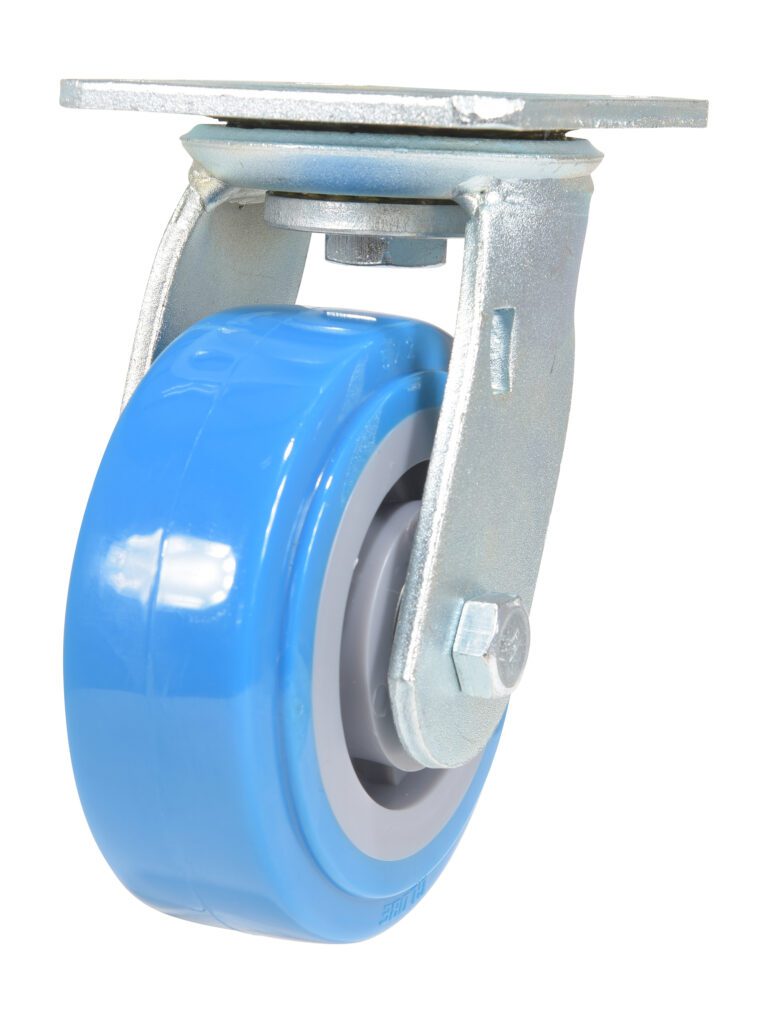 Close-up of a Vestil 5X2 Polyurethane Swivel Caster showcasing a blue exterior, gray inner circle, and sturdy silver mounting plate. Designed for optimal mobility and support, it enables smooth movement across diverse surfaces.