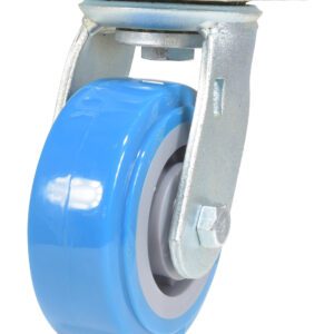 Close-up of a Vestil 5X2 Polyurethane Swivel Caster showcasing a blue exterior, gray inner circle, and sturdy silver mounting plate. Designed for optimal mobility and support, it enables smooth movement across diverse surfaces.
