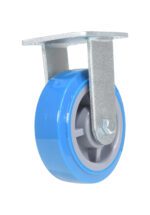The Vestil 6X2 Polyurethane Rigid Caster has a blue and gray wheel with a metal mounting bracket, designed for smooth motion and attached to a sturdy frame, perfect for improving the mobility of furniture or equipment.