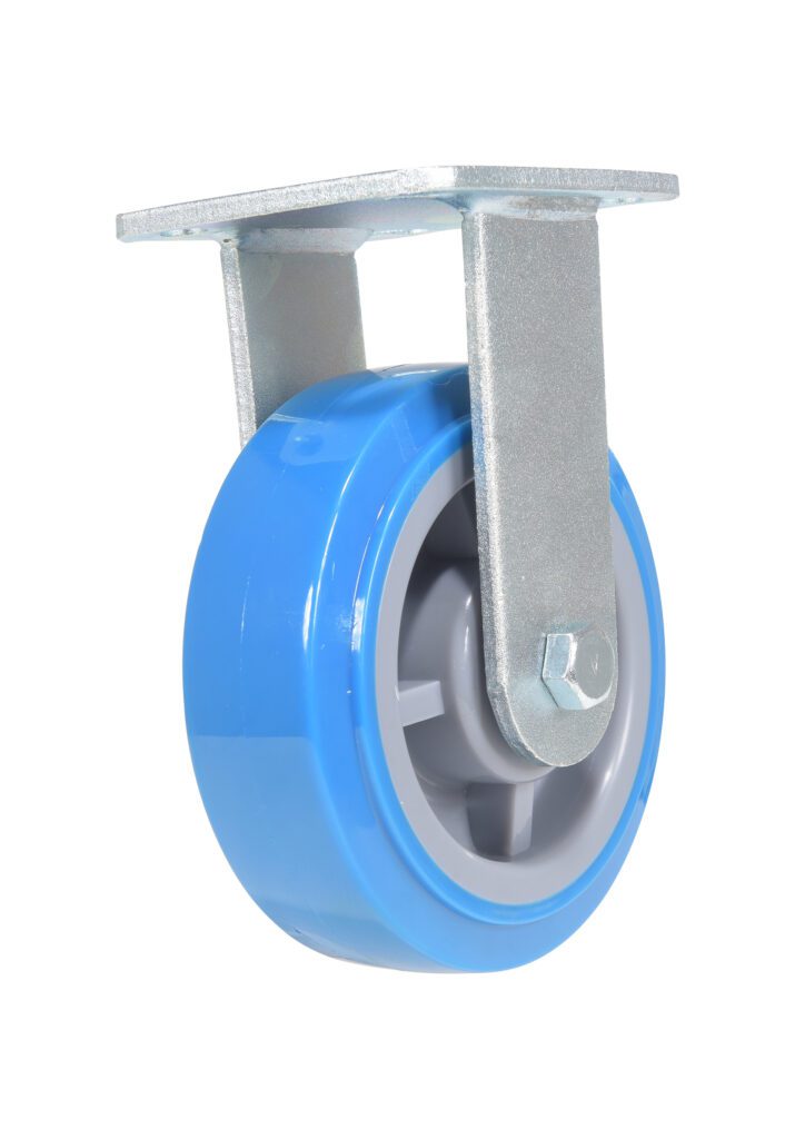 CST-KB-6X2PUP-R_A.jpg The Vestil 6X2 Polyurethane Rigid Caster has a blue and gray wheel with a metal mounting bracket, designed for smooth motion and attached to a sturdy frame, perfect for improving the mobility of furniture or equipment.