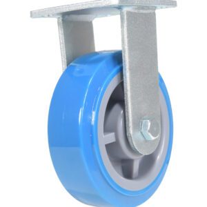 The Vestil 6X2 Polyurethane Rigid Caster has a blue and gray wheel with a metal mounting bracket, designed for smooth motion and attached to a sturdy frame, perfect for improving the mobility of furniture or equipment.