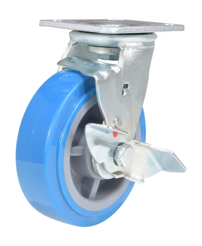 The Vestil 6X2 Polyurethane Swivel Caster W/Brake features a blue polyurethane wheel with a smooth texture and includes a sturdy metal bracket, locking lever, and brake mechanism for enhanced stability.