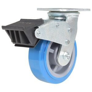 The Vestil 6X2 Polyurethane Swivel Caster W/Total Brake features a silver metallic frame, a blue wheel, and a black locking mechanism on top for complete braking.