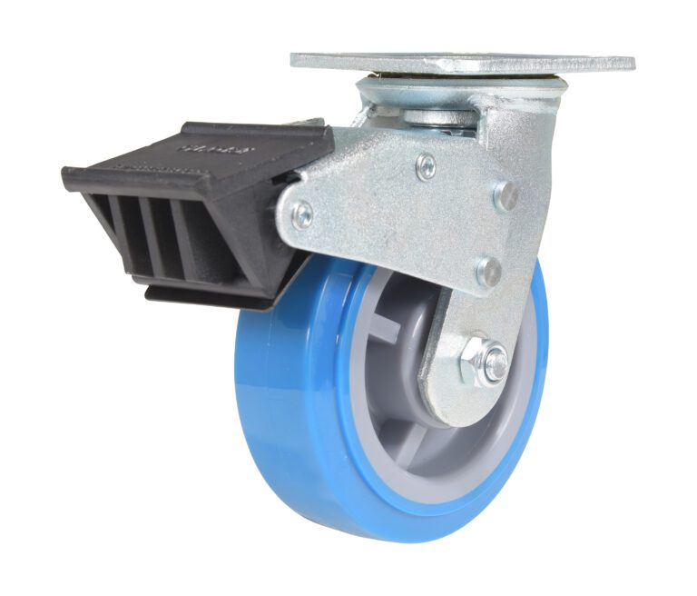 CST-KB-6X2PUP-SWTB_A.jpg The Vestil 6X2 Polyurethane Swivel Caster W/Total Brake features a silver metallic frame, a blue wheel, and a black locking mechanism on top for complete braking.