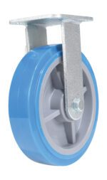 A blue swivel caster wheel with a gray metal bracket, similar in design to the robust Vestil 8X2 Polyurethane Rigid Caster, features a hard plastic wheel with a smooth surface and visible bolt and bearing.