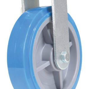 A blue swivel caster wheel with a gray metal bracket, similar in design to the robust Vestil 8X2 Polyurethane Rigid Caster, features a hard plastic wheel with a smooth surface and visible bolt and bearing.