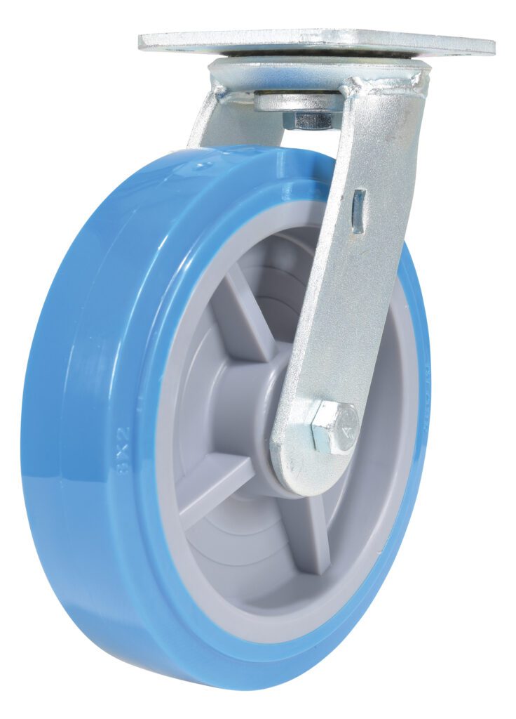 The Vestil 8X2 Polyurethane Swivel Caster showcases a blue wheel with a gray center and sturdy metal bracket. Providing effortless rotation and mounting, its ideal for furniture or industrial carts. The metal bracket includes a mounting plate and hardware for secure attachment.
