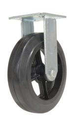 The Vestil 8X2 Mold On Rubber Rigid Caster boasts a black rubber wheel in a durable metal frame, providing stability with no swivel bracket for rotation; it offers straightforward directional movement.