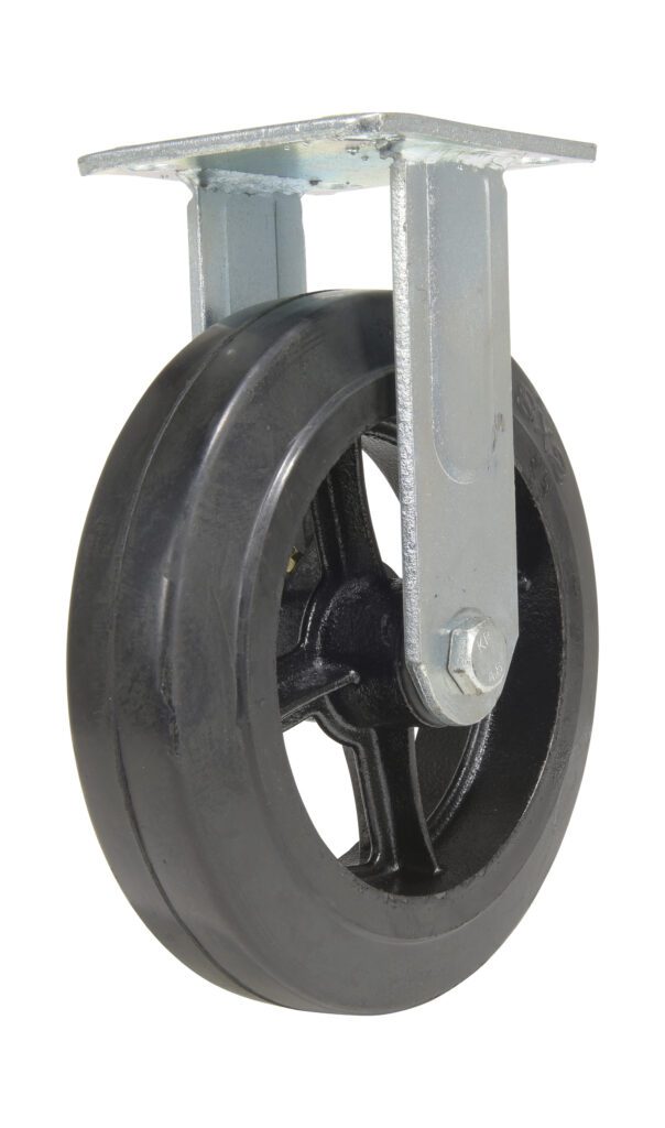 The Vestil 8X2 Mold On Rubber Rigid Caster boasts a black rubber wheel in a durable metal frame, providing stability with no swivel bracket for rotation; it offers straightforward directional movement.