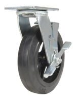 The Vestil 8X2 Mold On Rubber Swivel W/ Brake Caster, with a metal bracket and black rubber tire, includes a mounting plate for industrial use, offering stability and control through its robust braking mechanism.