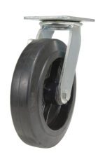 The Vestil 8X2 Mold On Rubber Swivel Caster, with a strong metal bracket, is ideal for mounting under furniture or equipment to improve mobility. The sleek black rubber wheel stands out against a white background.