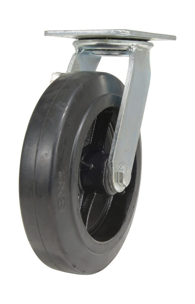 CST-VE-8X2MR-S_A.jpg The Vestil 8X2 Mold On Rubber Swivel Caster, with a strong metal bracket, is ideal for mounting under furniture or equipment to improve mobility. The sleek black rubber wheel stands out against a white background.