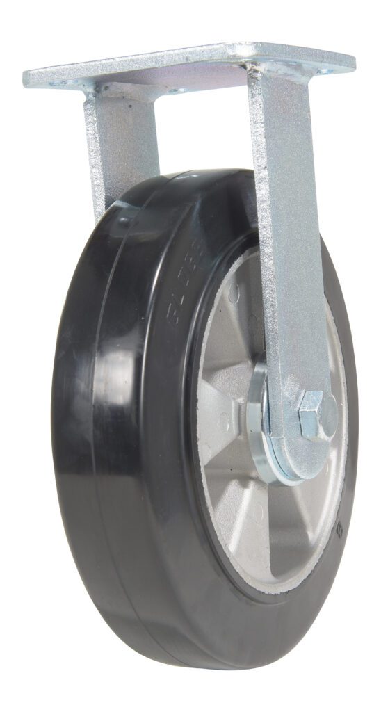 The Vestil 8X2 Mold On Rubber Rigid Caster has a silver hub with a black rubber tire mounted on metal, perfect for heavy-duty use, but it does not swivel due to its rigid design.