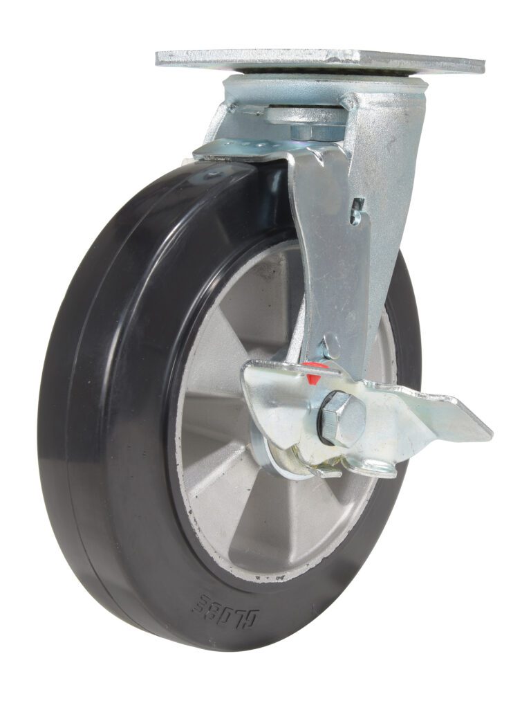 The Vestil 8X2 Mold On Rubber Swivel Caster W/Brake features a black rubber tire, sturdy metal frame, reliable metal brake lever, and top mounting plate for stability and smooth mobility.
