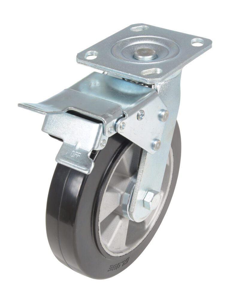 The Vestil 8X2 Mold On Rubber Swivel Caster W/Total Brake features a black rubber wheel, sturdy mounting plate, and side lock for enhanced stability and reliable performance.
