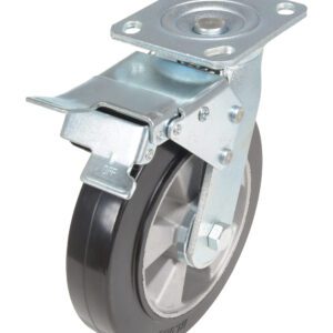 The Vestil 8X2 Mold On Rubber Swivel Caster W/Total Brake features a black rubber wheel, sturdy mounting plate, and side lock for enhanced stability and reliable performance.