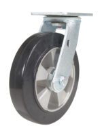 The Vestil 8X2 Mold On Rubber Swivel Caster boasts a robust swivel design with a metal bracket and black rubber tire, perfect for industrial or furniture applications, and comes with a mounting plate for easy installation.