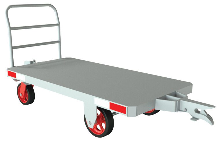 CSTT-36-4MR_A.jpg The Vestil Caster Steer Towable Trailer 72 In 3K Lb features a gray flatbed design with a handlebar, four red wheels, and an extended metal hitch for towing heavy loads up to 3,000 lbs on its rectangular platform.