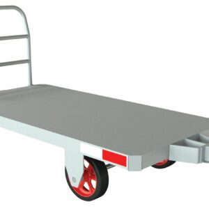 The Vestil Caster Steer Towable Trailer 96 In 3K Lb features a sturdy metal frame with four red wheels, a push handle, and a hitch for towing. Its designed to transport heavy items up to 3,000 pounds along its 96-inch length.