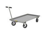 The Little Giant Caster Steer Wagon is a gray flatbed trolley with a handlebar, featuring four black wheels. Its setup includes two fixed rear wheels and two swivel front wheels for easy maneuverability.