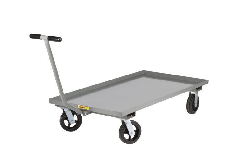The Little Giant Caster Steer Wagon is a gray flatbed trolley with a handlebar, featuring four black wheels. Its setup includes two fixed rear wheels and two swivel front wheels for easy maneuverability.