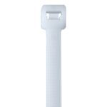 Close-up of a MH-USA 11 120 Lbs Cable Tie - Natural on a white background, highlighting its rectangular head with a slot for secure fastening, emphasizing the strength and reliability in each of the 100 ties included per case.