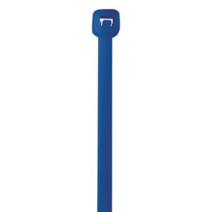 The MH-USA 11 50 Lbs Blue Cable Ties (1000/Case) feature a rectangular locking mechanism and are shown against a white background. These durable ties are perfect for various applications.
