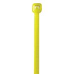 Close-up of an MH-USA 11 50 lbs fluorescent yellow cable tie with a textured surface and square locking head, part of a versatile 1000/case set, positioned vertically against a white background.