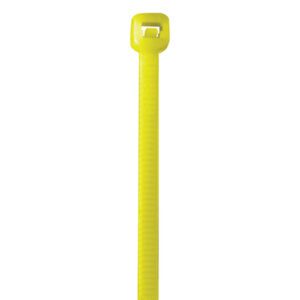 Close-up of an MH-USA 11 50 lbs fluorescent yellow cable tie with a textured surface and square locking head, part of a versatile 1000/case set, positioned vertically against a white background.