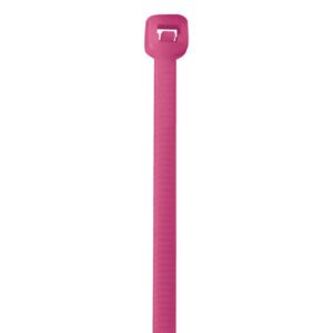 The image shows an MH-USA 11 50 Lbs Fluorescent Pink Cable Tie, highlighting its rectangular locking mechanism. The tie stands vertically on a white backdrop, showcasing its bright color and durable construction.