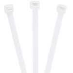 Three MH-USA 13 120 Lbs Cable Ties from the 100/Case pack are arranged vertically with their locking mechanisms facing upward.