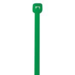 The MH-USA 14 50 Lbs Green Cable Ties, sold in bulk with 1000 per case, are displayed vertically against a white background, highlighting their sleek rectangular head and smooth tail.
