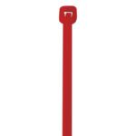 A close-up of a red 14 MH-USA cable tie (50 lbs), vertically positioned with its locking mechanism shown, from a set of 1000, against a plain white background.