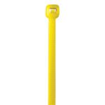 A close-up of an MH-USA 14 50 Lbs Yellow Cable Tie shows its square clasp and ridged texture for secure fastening. Sold in packs of 1000 per case.