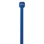 A close-up of an MH-USA 14 50 Lbs Blue Cable Tie shows its rectangular head, tapered end for locking, and smooth texture that highlights the visible mechanism. Expect quality from a pack of 1000 ties per case.