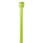 One fluorescent green MH-USA 14 cable tie has a ridged texture, vertical design, square locking head at the top, and a tapered end at the bottom. Its capable of holding up to 50 lbs.